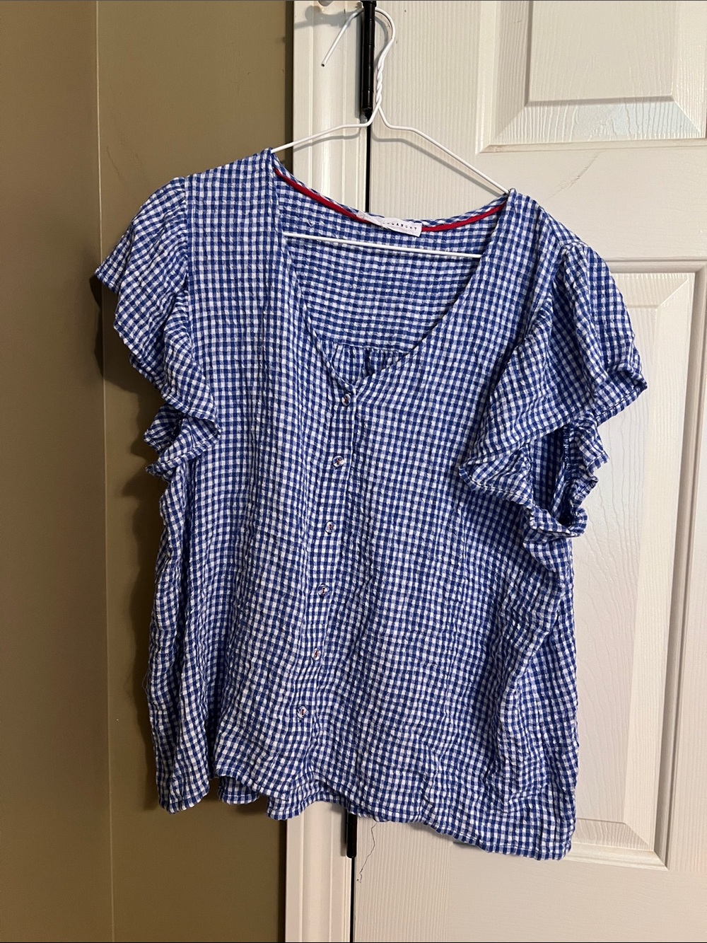 Jane and Delancey Blue Gingham Button-Front Ruffle Sleeve Top